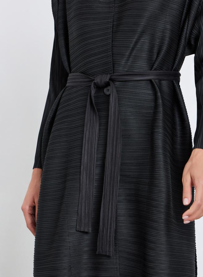 Take Two Solid Textured Pleated Belted Button Front Detail Long Sleeve Abaya - Image 4