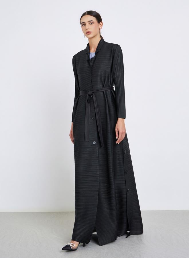 Take Two Solid Textured Pleated Belted Button Front Detail Long Sleeve Abaya - Image 2