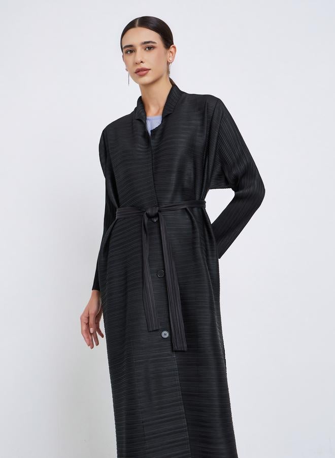 Take Two Solid Textured Pleated Belted Button Front Detail Long Sleeve Abaya - Image 3