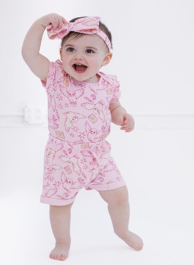 Harry Potter Hedwig Newborn Baby Girls Ribbed Bodysuit, Shorts and Headband 3 Piece Outfit Set Blush Pink Hedwig 6-9 Months - Image 2