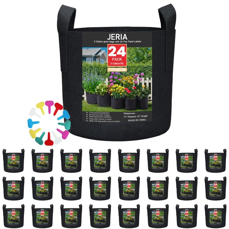 JERIA 24-Pack 5 Gallon Nonwoven Grow Bags, Plant Grow Bagsï¼ŒHeavy Duty Aeration Fabric Pots with Durable Handles, Come with 24 Pcs Plant Labels - Image 1