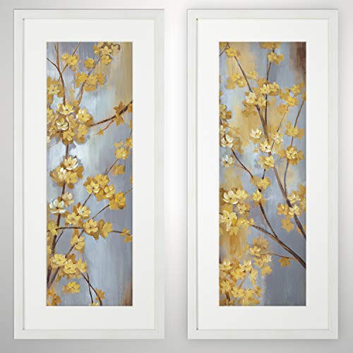 Renditions Gallery HAC17FS-14803-14804 Forsythia Garden 2 Set Yellow Flower Pictures Prints Art Framed Modern Home Wall Decor Painting Ready To Hang, White - Image 1