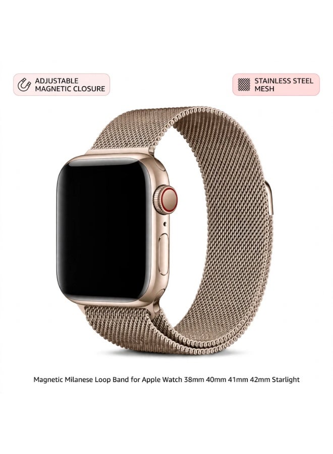 ELTRAZONE Magnetic Milanese Loop Band for Apple Watch Series 11 10 9 8 7 6 5 4 3 2 1 & SE 3 2 1, Stainless Steel Mesh Replacement Strap with Adjustable Magnetic Closure, 38mm 40mm 41mm 42mm Wristband, Starlight - Image 1