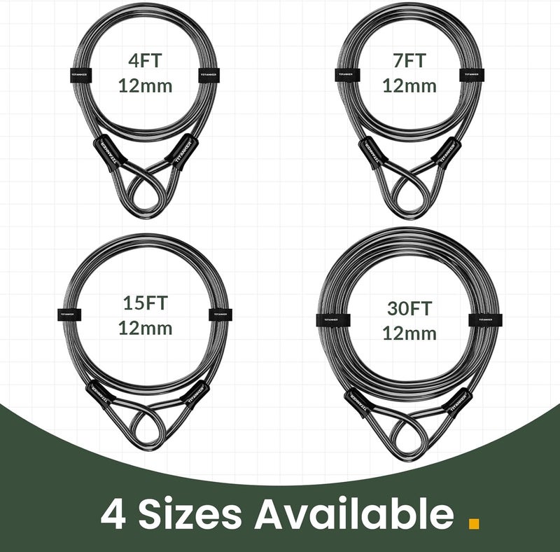 Titanker Bike Lock Cable,12mm Thick Security Cable with Loops Heavy Duty Steel Cable Vinyl Coated Bike Cable Lock Security Chain (4ft, 7ft, 15ft, 30ft) - Image 5