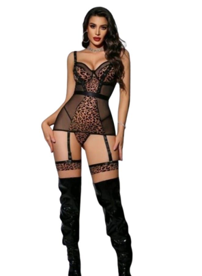Women's Tiger Print Costume Lingerie - Sheer Tulle and Lycra Nightgown with Satin Ribbons + Thigh Straps - Image 1