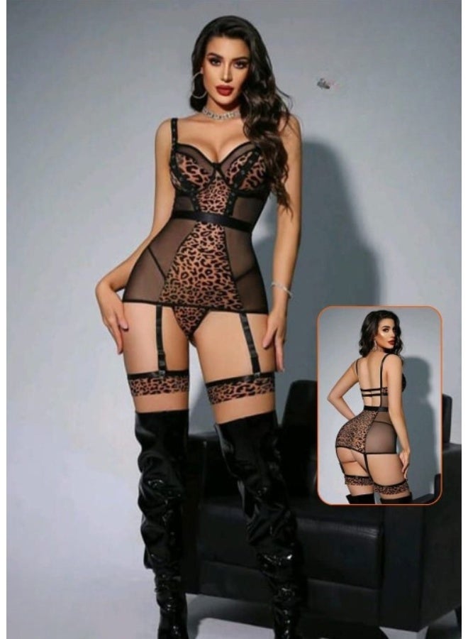 Women's Tiger Print Costume Lingerie - Sheer Tulle and Lycra Nightgown with Satin Ribbons + Thigh Straps - Image 3