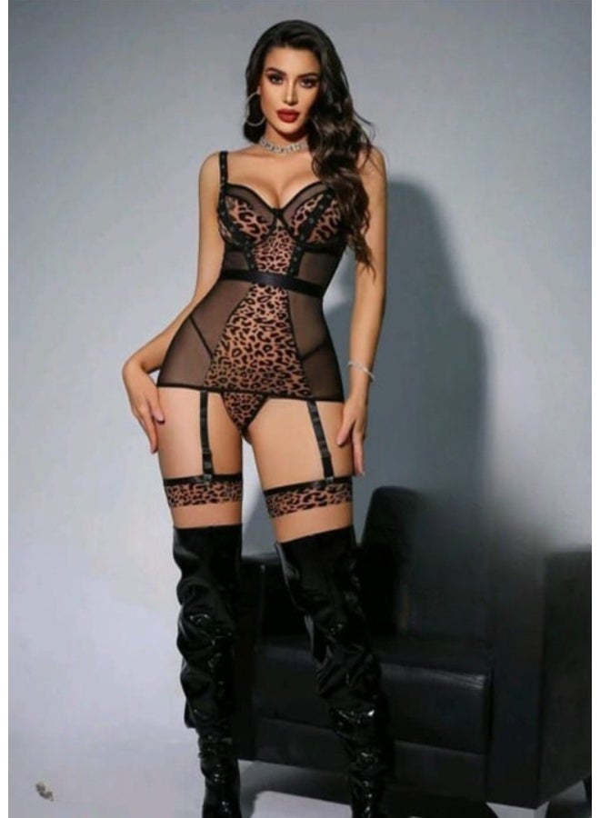 Women's Tiger Print Costume Lingerie - Sheer Tulle and Lycra Nightgown with Satin Ribbons + Thigh Straps - Image 4