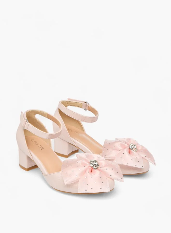 سيليست حذاء بناتي بكعب عريض بتطريز زهور وإغلاق بشريط لاصق