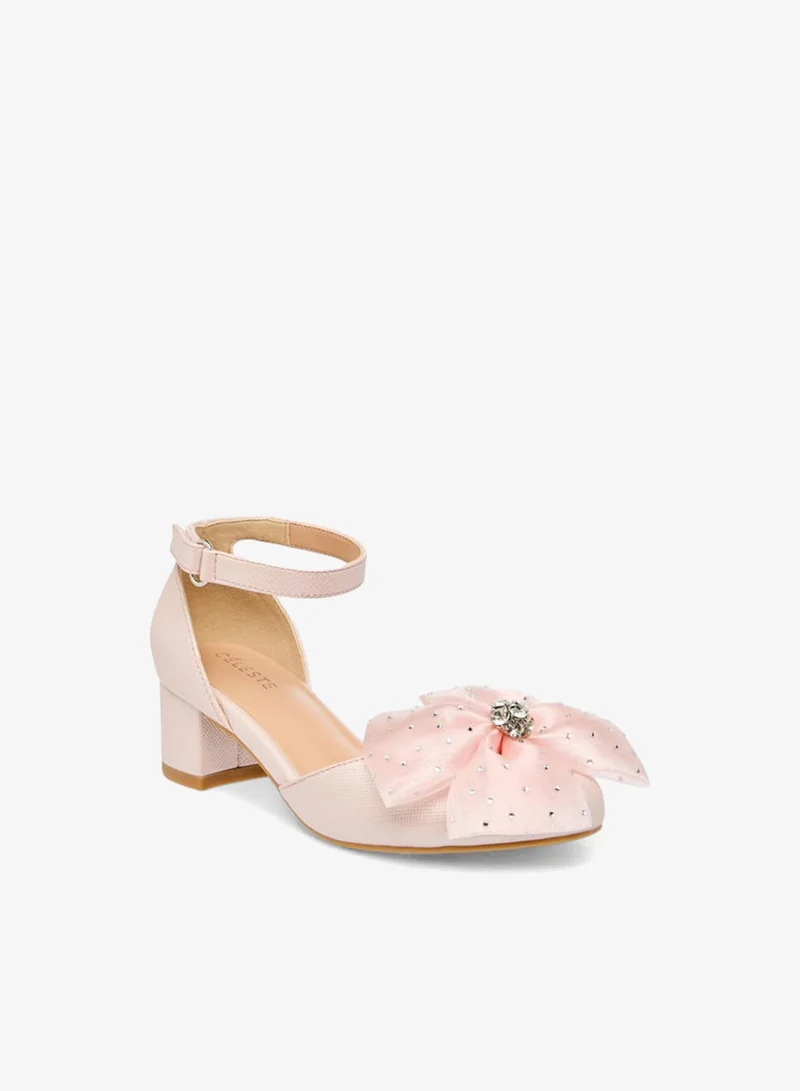 Celeste Girls Flower Applique Block Heel Shoes With Hook And Loop Closure Ramadan Collection