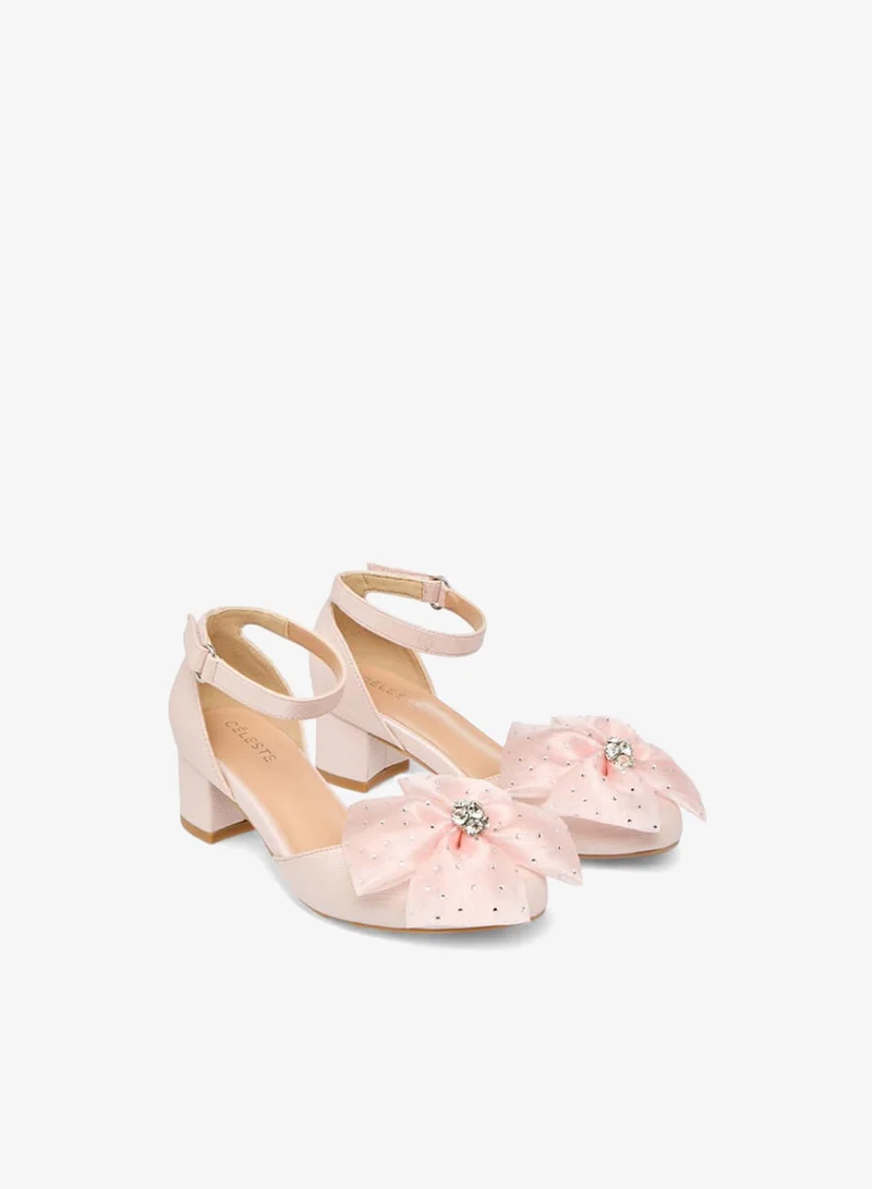 Celeste Girls Flower Applique Block Heel Shoes With Hook And Loop Closure Ramadan Collection