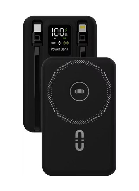Magnetic Wireless 10000mAh Power Bank with Built-in USB-C + Lightning Cable Bracket, Simultaneous Charging, Digital Display, PD 22.5W - Black