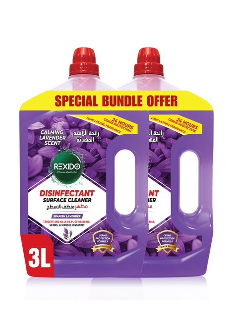 High Performance Disinfectant Floor Cleaner, Spanish Lavender, Power Clean & Deodorize, Kills 99.9% Bacteria & Germs, 24-Hour Protection & Freshness, 3L (Twin Pack).