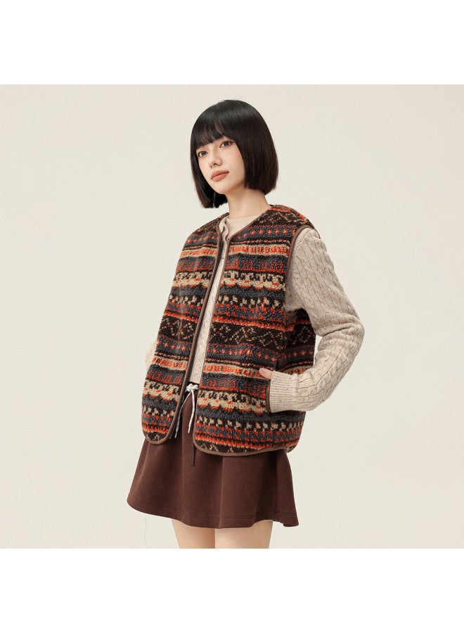 Flying in the snow Faux Lamb Wool Vest, 2025 Autumn/winter Round Neck Retro Fair Isle Drop Shoulder Sleeveless Thick Polar Fleece Jacket For Women - Image 3