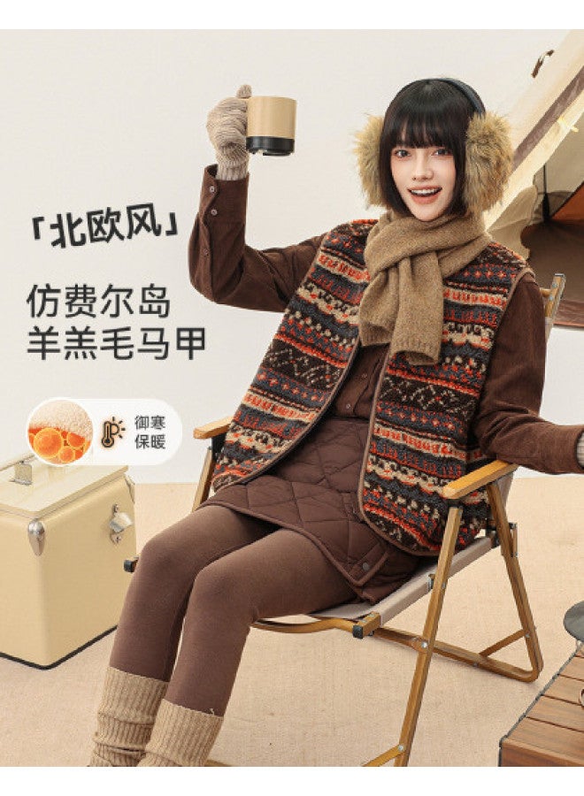 Flying in the snow Faux Lamb Wool Vest, 2025 Autumn/winter Round Neck Retro Fair Isle Drop Shoulder Sleeveless Thick Polar Fleece Jacket For Women - Image 1