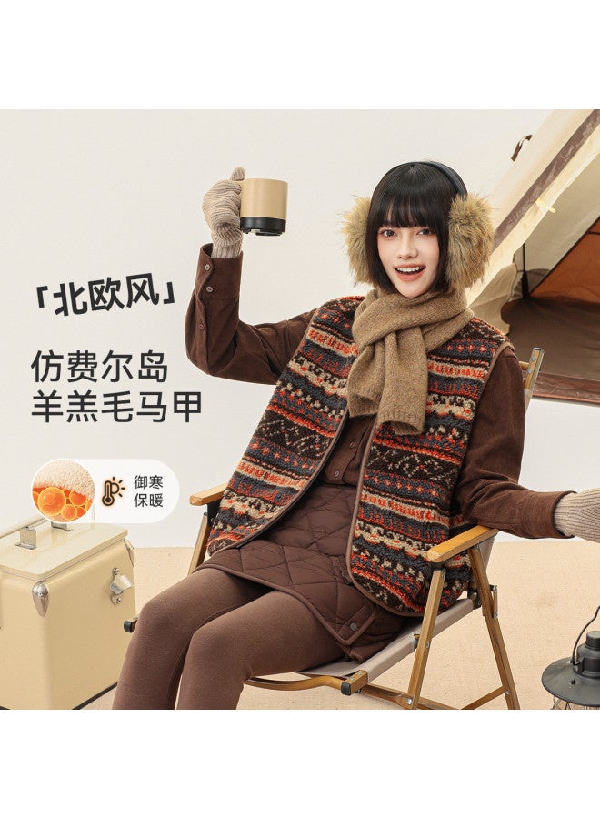 Flying in the snow Faux Lamb Wool Vest, 2025 Autumn/winter Round Neck Retro Fair Isle Drop Shoulder Sleeveless Thick Polar Fleece Jacket For Women - Image 2