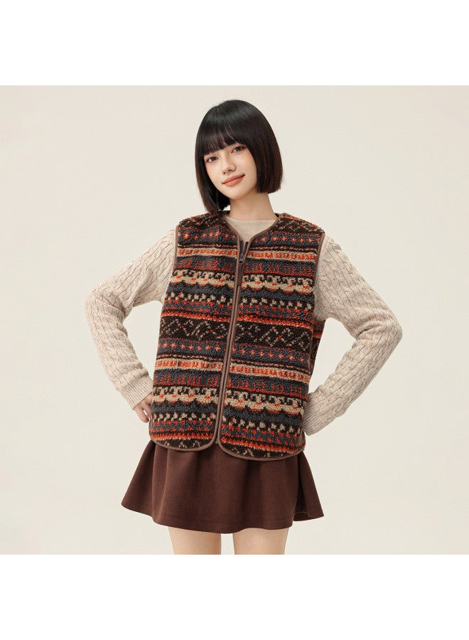 Flying in the snow Faux Lamb Wool Vest, 2025 Autumn/winter Round Neck Retro Fair Isle Drop Shoulder Sleeveless Thick Polar Fleece Jacket For Women - Image 5