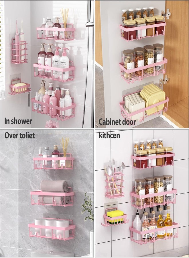 Liuoud 10 Pack Shower Caddy Organizer Rack Shelf for Inside Shower, Self Adhesive Wall Storage Basket Rustproof Stainless Steel Shampoo Holder Bathroom Accessory Decor Set, Pink - Image 3