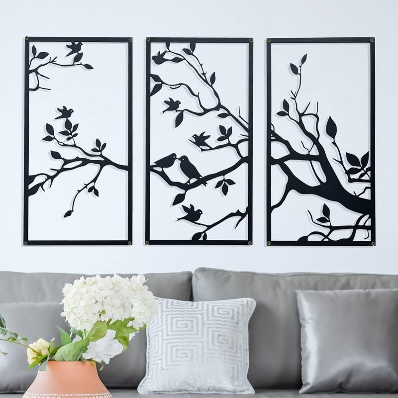 DUOOLN DUOOLN 3 Pcs Birds On Branch Large Metal Wall Art DecorBlack Tree of Life Silhouette Sculpture Leaves with Birds Metal Ornament Hanging Sign for Home Garden Office Living Room Indoor Outdoor 