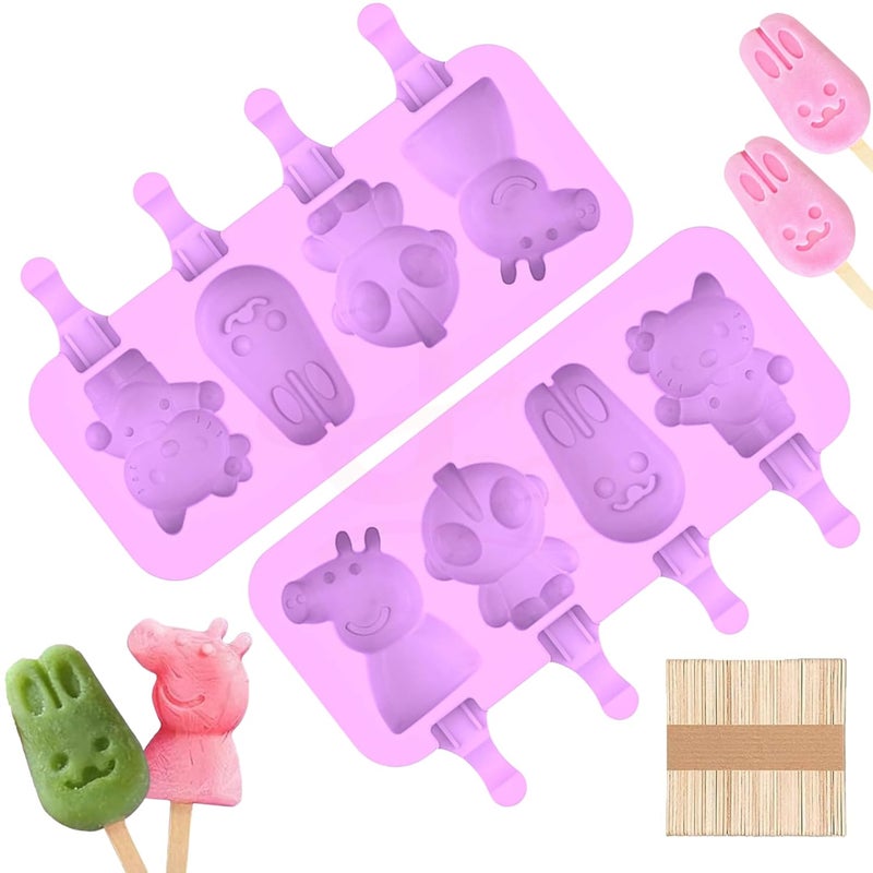 Cakesicle Mould Silicone Cartoon Characters Ice Pop Moulds DIY Ice Cream Mold Mini Cake Lolly Mould Set with 50 Wooden Sticks, 4 Cavity Mix Shape, White (2 Pieces)