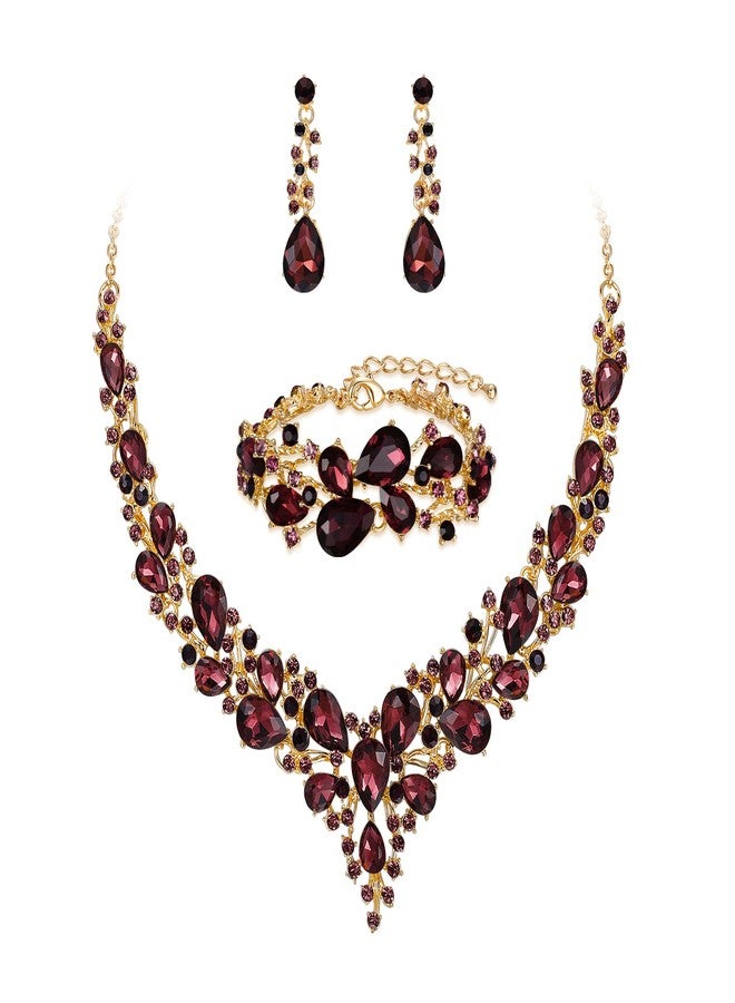 بريلوف مجموعة مجوهرات الزفاف من بريلوف للنساء، تتضمن قلادة وأقراط متدلية وسوار مرصع بكريستال نمساوي على شكل دمعة، بلون الجمشت الداكن. - Image 1