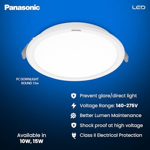 Panasonic باناسونيك 15 واط LED PC Downlighter، مصباح سقف دائري للمنازل والمكاتب مع فتحة 150 مم، إضاءة سقف باردة بيضاء (PDLM01157R3) - Image 4