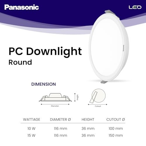 Panasonic باناسونيك 15 واط LED PC Downlighter، مصباح سقف دائري للمنازل والمكاتب مع فتحة 150 مم، إضاءة سقف باردة بيضاء (PDLM01157R3) - Image 2