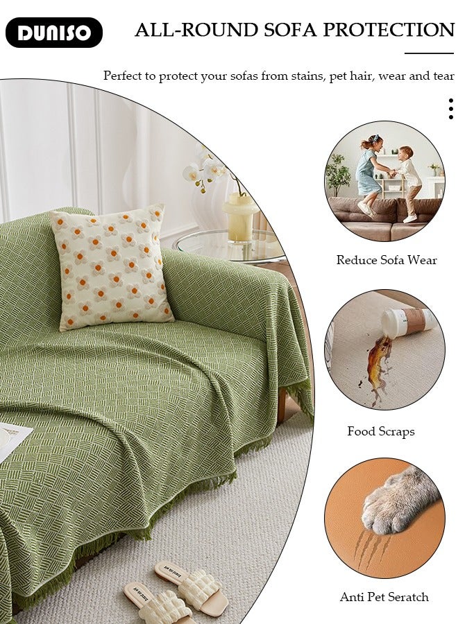 DUNISO Cotton INS Style Fashion Simple 3 Seater Sofa Sliopcover,Washable Soft One-piece Bedding Twill Cutting Sofa Cover,Double-sided With Knitted Tassel Tassel Non-Slip Stain Resistant Couch Cover,Living Room Sofa Blanket For All-season Home Décor  - Image 3