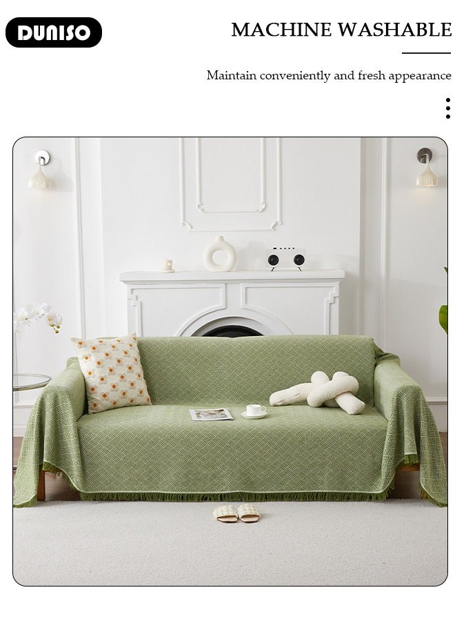 Cotton INS Style Fashion Simple 3 Seater Sofa Sliopcover,Washable Soft One-piece Bedding Twill Cutting Sofa Cover,Double-sided With Knitted Tassel Tassel Non-Slip Stain Resistant Couch Cover,Living Room Sofa Blanket For All-season Home Décor