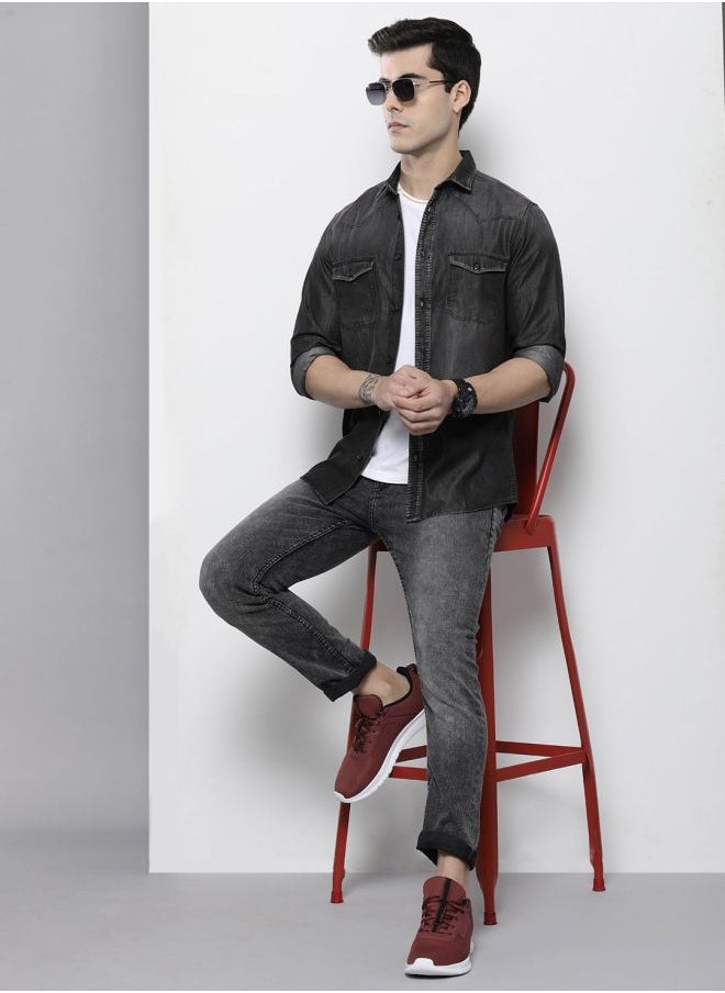 The Indian Garage Co Men Slim Fit Solid Full Sleeves Cutaway Collar Double Flap Pocket Street Wear Denim Shirt  - Image 5
