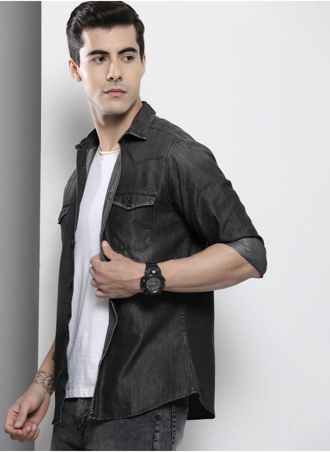 The Indian Garage Co Men Slim Fit Solid Full Sleeves Cutaway Collar Double Flap Pocket Street Wear Denim Shirt  - Image 3