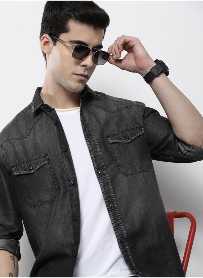 The Indian Garage Co Men Slim Fit Solid Full Sleeves Cutaway Collar Double Flap Pocket Street Wear Denim Shirt  - Image 1