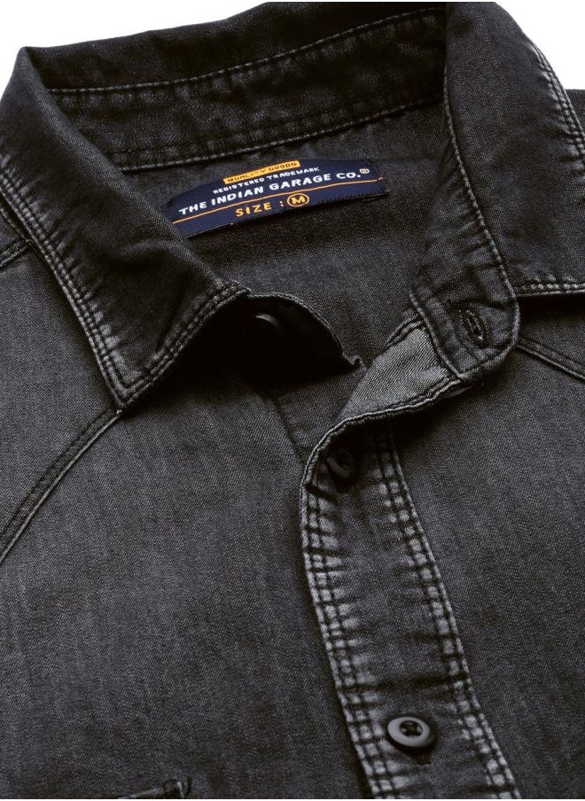 The Indian Garage Co Men Slim Fit Solid Full Sleeves Cutaway Collar Double Flap Pocket Street Wear Denim Shirt  - Image 4