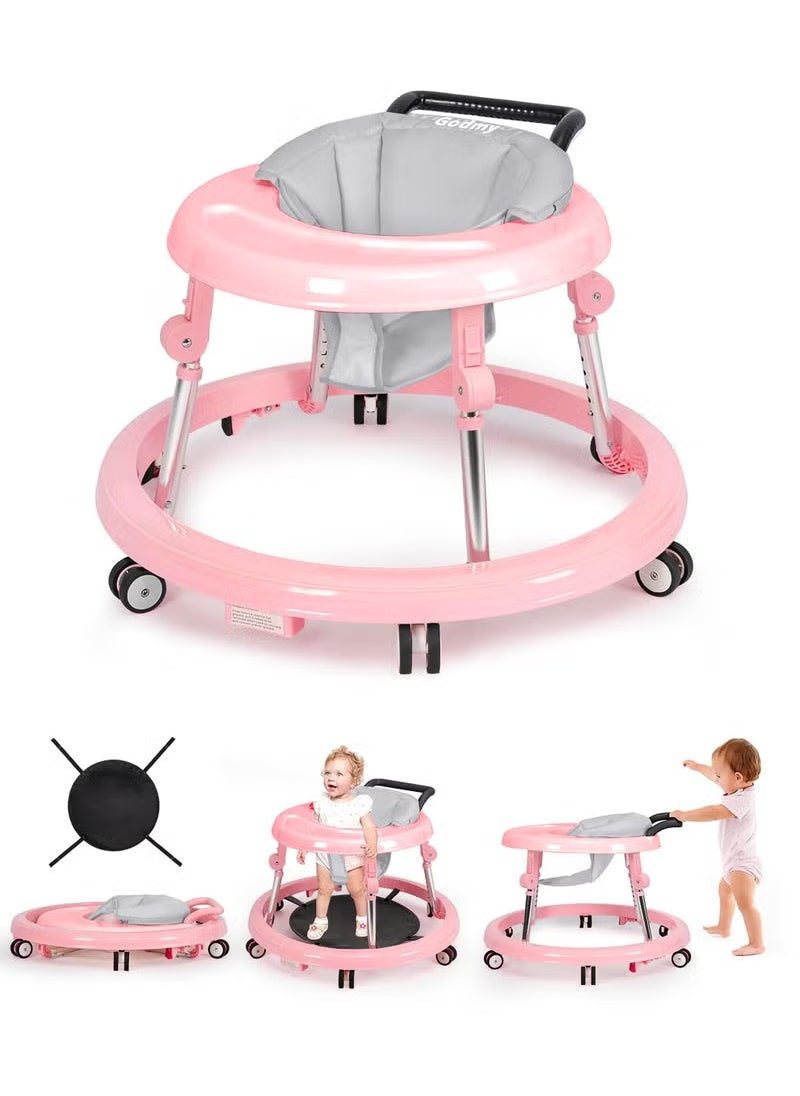 XiuWoo Baby Walker Foldable with 9 Adjustable Heights, Baby Walker with Wheels Portable Anti-Rollover, Baby Walkers and Activity Center for Boys Girls Babies 7-18 Months, Pink  - Image 1
