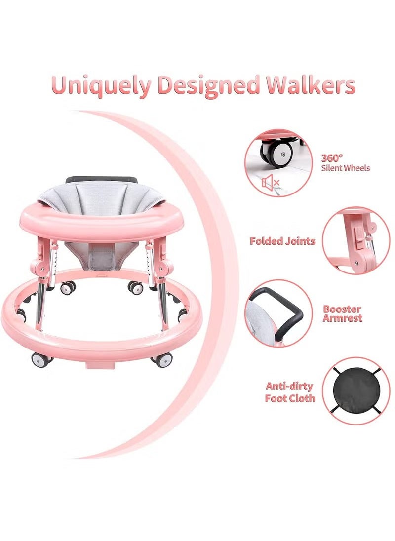 XiuWoo Baby Walker Foldable with 9 Adjustable Heights, Baby Walker with Wheels Portable Anti-Rollover, Baby Walkers and Activity Center for Boys Girls Babies 7-18 Months, Pink  - Image 2