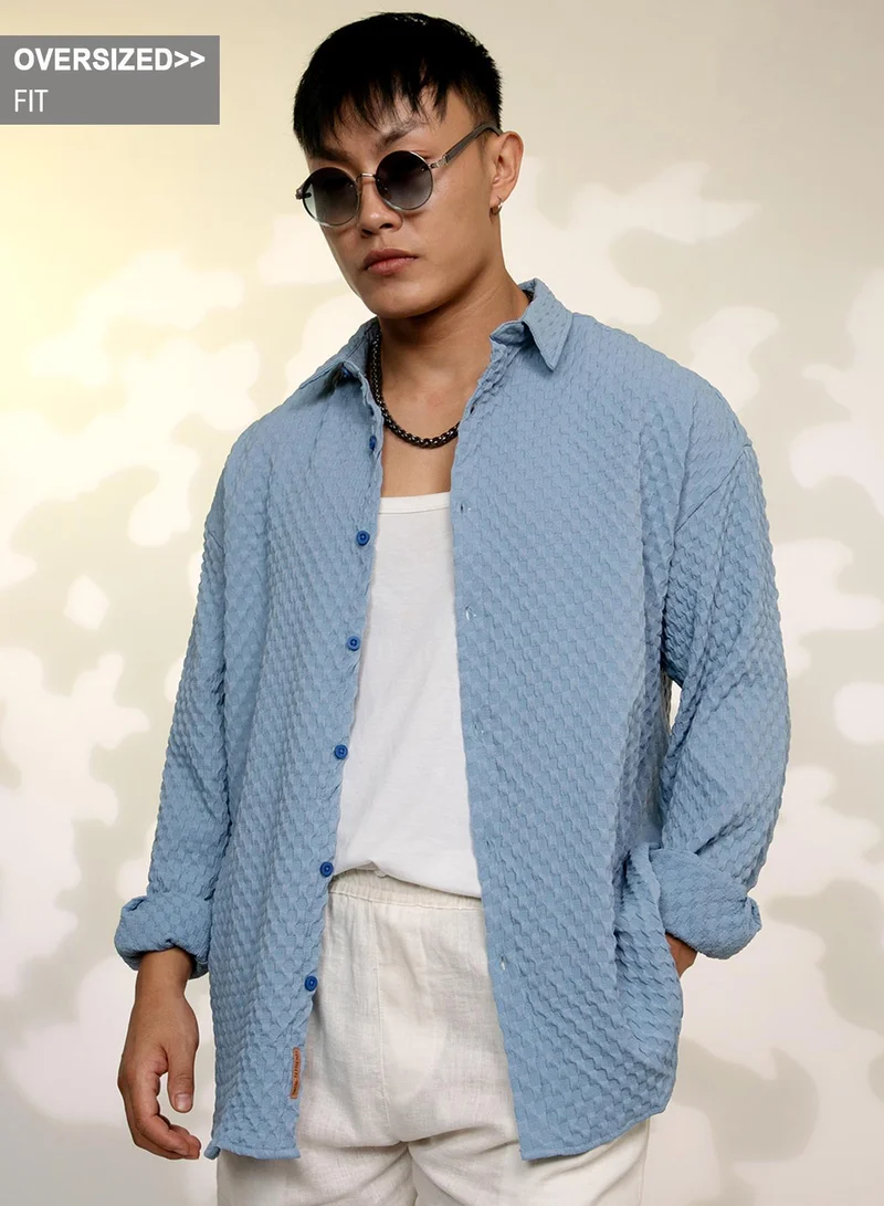 Campus Sutra Men's Cornflower Blue Cubic-Textured Oversized Shirt