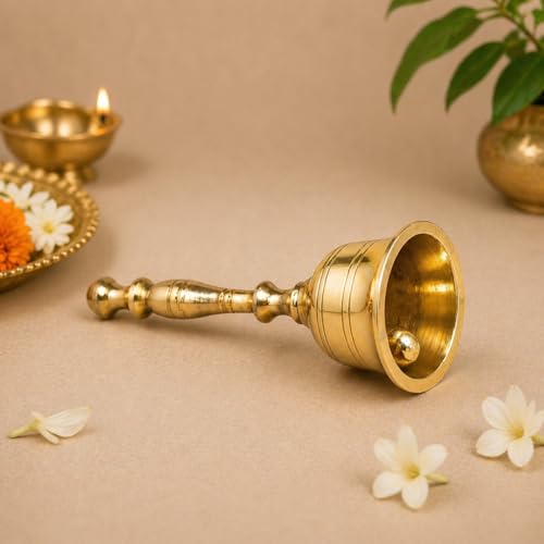 Craftvatika Brass Hand Bell for Pooja Ghanti for Mandir, Home and Office Temple Prayer Bell Ghanti for Decoration (1.6 x 3.8 inches, Golden) - Image 2