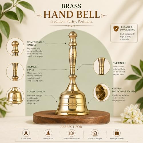 Craftvatika Brass Hand Bell for Pooja Ghanti for Mandir, Home and Office Temple Prayer Bell Ghanti for Decoration (1.6 x 3.8 inches, Golden) - Image 4