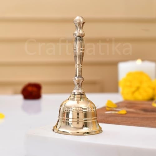Craftvatika Brass Hand Bell for Pooja Ghanti for Mandir, Home and Office Temple Prayer Bell Ghanti for Decoration (1.6 x 3.8 inches, Golden) - Image 1