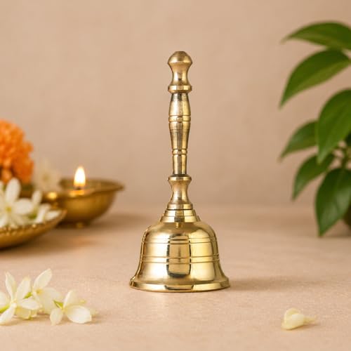 Craftvatika Brass Hand Bell for Pooja Ghanti for Mandir, Home and Office Temple Prayer Bell Ghanti for Decoration (1.6 x 3.8 inches, Golden) - Image 5
