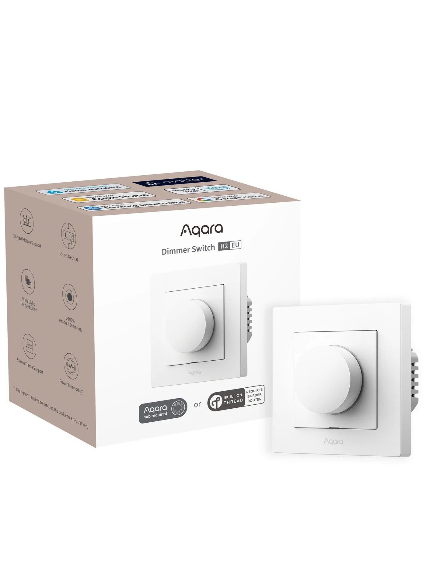 Aqara Dimmer Wall Light Switch H2 EU,Thread/Zigbee Protocol, 2-in-1 Neutral, Single Switch, 200W for dimmable LED/CFL/incandescent/Halogen/ELV Lights,Supports Apple Home,Google and Matter-White