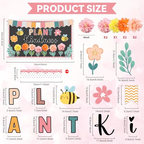 Justforjoyful Spring Bulletin Board Decorations Flower Bulletin Board Set with 3D Tissue Paper Pompoms Bees Cutouts Plant Kindness Summer Decor for School Classroom Home Nursery Chalkboard Wall - Image 3