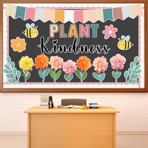 Justforjoyful Spring Bulletin Board Decorations Flower Bulletin Board Set with 3D Tissue Paper Pompoms Bees Cutouts Plant Kindness Summer Decor for School Classroom Home Nursery Chalkboard Wall - Image 1