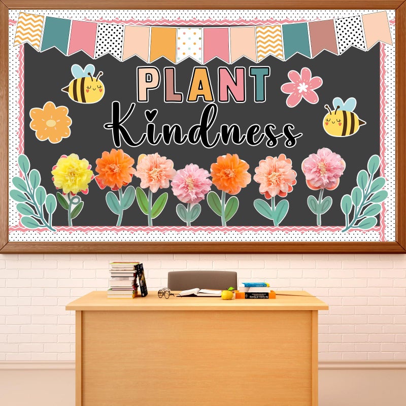 Justforjoyful Spring Bulletin Board Decorations Flower Bulletin Board Set with 3D Tissue Paper Pompoms Bees Cutouts Plant Kindness Summer Decor for School Classroom Home Nursery Chalkboard Wall - Image 2