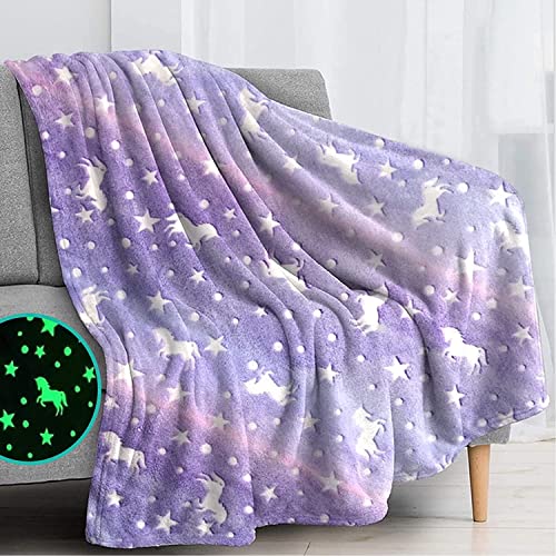 BLiSS HUES Glow in The Dark Blanket Gifts for Toddler Kids Teen Girls| 80 x 70 inch/ 200cm x 180cm |Bedroom Décor, Lightweight Throw Blankets|Soft Cozy Fluffy Luminous Throw Blanket - Purple Unicorn - Image 1