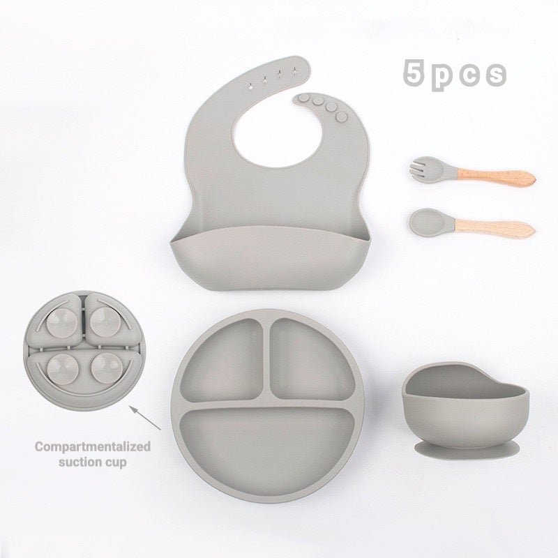 5-Pieces Silicone Baby Feeding Set, Baby Led Weaning Supplies with Suction Bowl and Divided Plate, Wooden Spoon and Fork, Toddler Tableware Set with Adjustable Soft Silicone Bib - Image 1