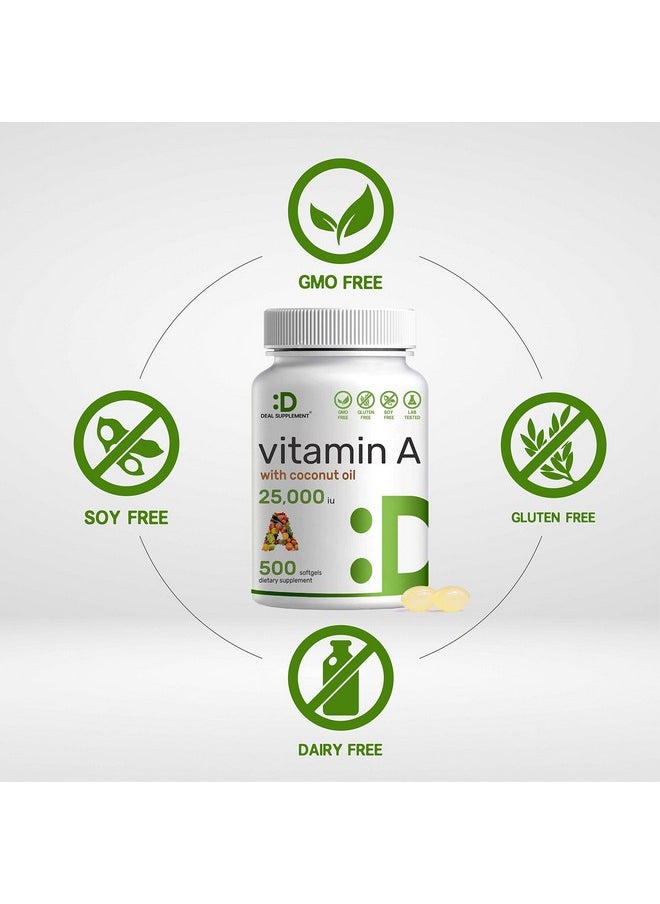 DEAL SUPPLEMENT - High Potency Vitamin A 25000 Iu 500 Coconut Oil Softgels; Easily Absorbed Natural Fish Liver Oil Source Vitamins For Eye Immune & Skin Health Easy To Swallow Nongmo - Image 1