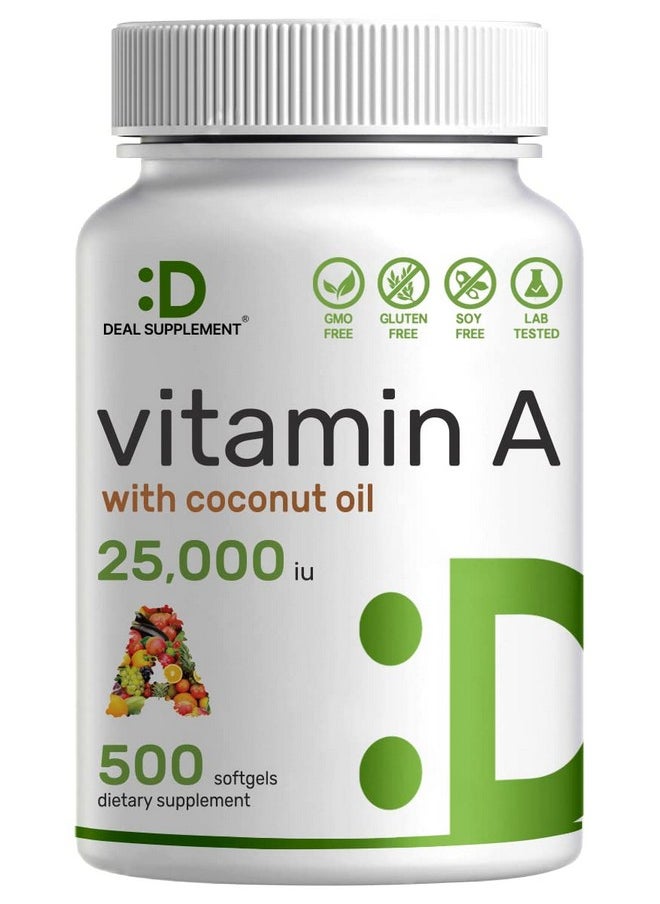 DEAL SUPPLEMENT - High Potency Vitamin A 25000 Iu 500 Coconut Oil Softgels; Easily Absorbed Natural Fish Liver Oil Source Vitamins For Eye Immune & Skin Health Easy To Swallow Nongmo - Image 1