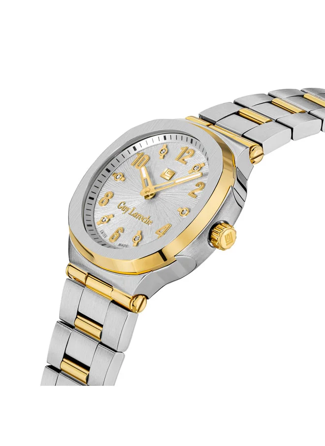 غاي لاروش Charlie 33mm Ladies Swiss Quartz Watch with White Silver Swirl Sunray Dial, Silver & Gold Plated Bracelet & Sapphire Glass