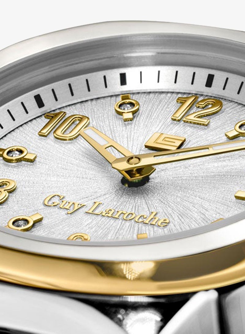 Guy Laroche Charlie 33mm Ladies Swiss Quartz Watch with White Silver Swirl Sunray Dial, Silver & Gold Plated Bracelet & Sapphire Glass - Image 3