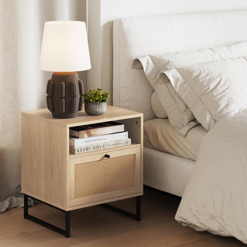 Nathan James Mina Rattan Wood End Side Accent Table Nightstand with Storage for Living Room or Bedroom 1 OakBlack